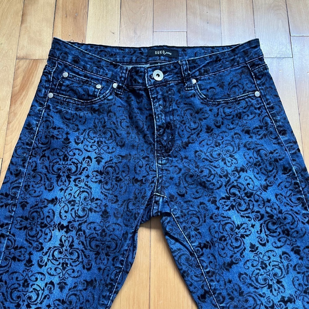Suko Jeans Women's Size 8 Blue Black Velvet Damask Skinny Jeans Pants - Picture 3 of 7